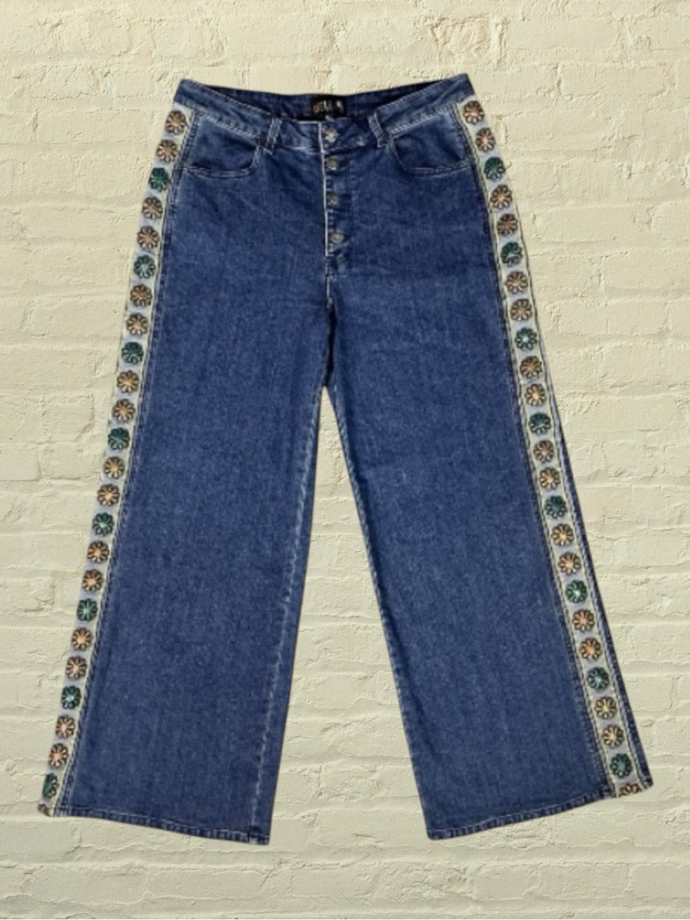 Dolls Kill dELiA*s Wide Leg Jeans Blue Medium Wash Metallic Floral Streetwear XL